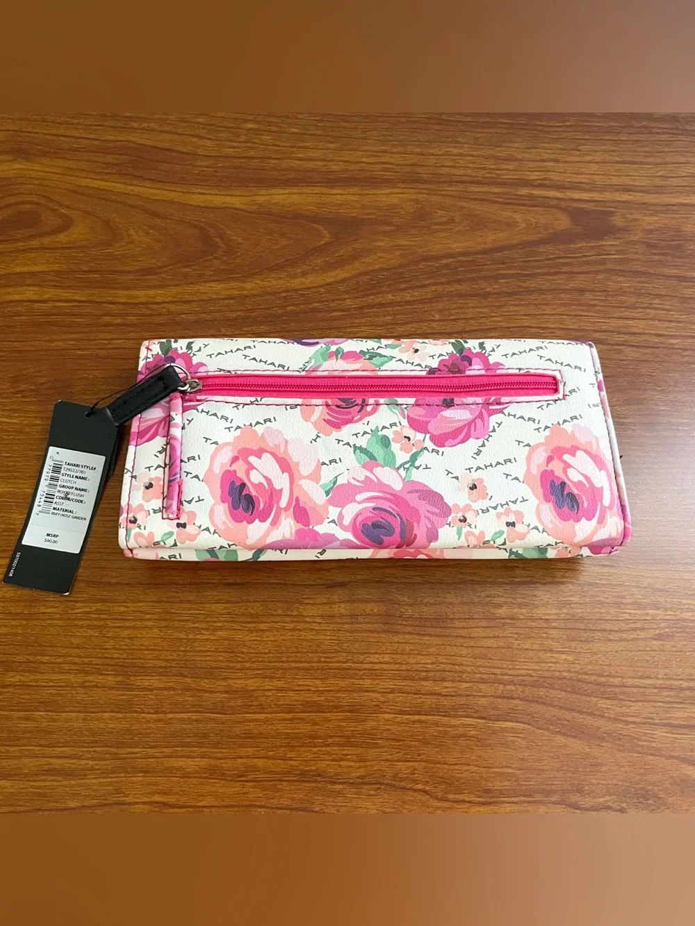 NWT TAHARI Floral Pink Clutch Wallet Rose Faux Leather Vegan Logo Snap RFID